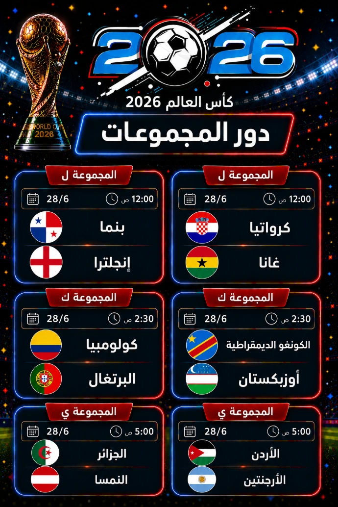 مباريات كأس العالم الأحد 28‏ يونيو 2026